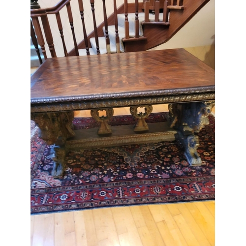 295 - AN EXCELLENT RENAISSANCE REVIVAL CARVED LIBRARY TABLE, with crossbanding to top, the edges with moul... 