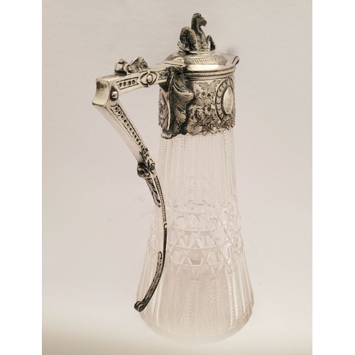 44 - A BEAUTIFUL LATE 19TH / EARLY 20TH CENTURY SILVER PLATED CUT GLASS CLARET JUG, the lid with a mythic... 