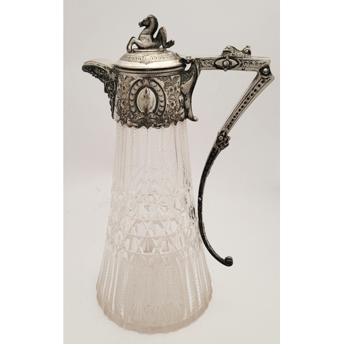 44 - A BEAUTIFUL LATE 19TH / EARLY 20TH CENTURY SILVER PLATED CUT GLASS CLARET JUG, the lid with a mythic... 