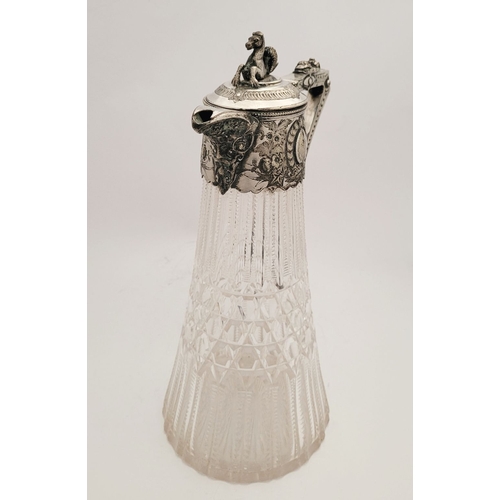 44 - A BEAUTIFUL LATE 19TH / EARLY 20TH CENTURY SILVER PLATED CUT GLASS CLARET JUG, the lid with a mythic... 