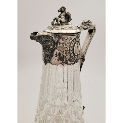 44 - A BEAUTIFUL LATE 19TH / EARLY 20TH CENTURY SILVER PLATED CUT GLASS CLARET JUG, the lid with a mythic... 