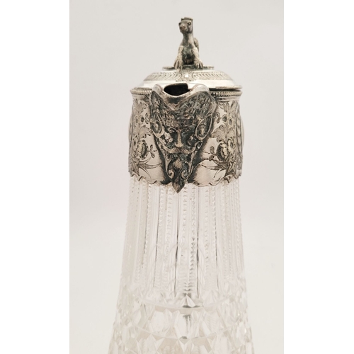 44 - A BEAUTIFUL LATE 19TH / EARLY 20TH CENTURY SILVER PLATED CUT GLASS CLARET JUG, the lid with a mythic... 