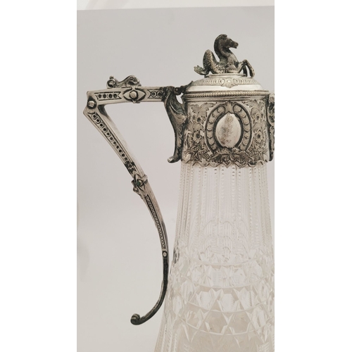 44 - A BEAUTIFUL LATE 19TH / EARLY 20TH CENTURY SILVER PLATED CUT GLASS CLARET JUG, the lid with a mythic... 