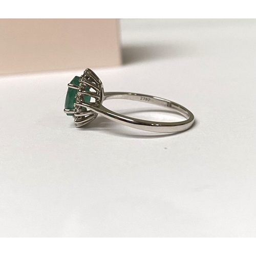 48 - A FANTASTIC 14CT WHITE GOLD EMERALD AND DIAMOND CLUSTER RING, with central oval cut emerald in four ... 