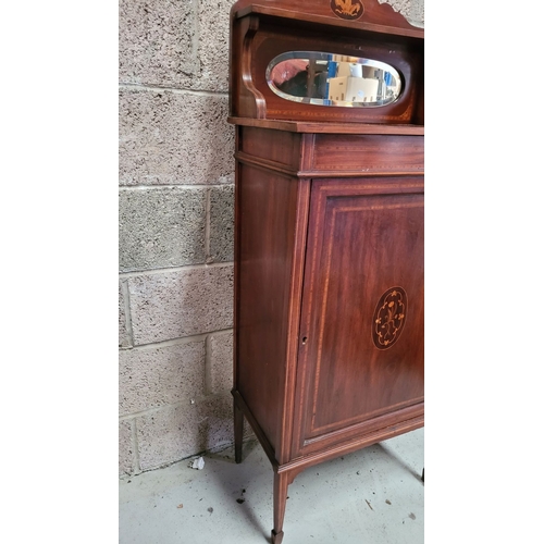 51 - A VERY GOOD QUALITY MAHOGANY & SATINWOOD INLAID EDWARDIAN CABINET, with raised gallery back having a... 