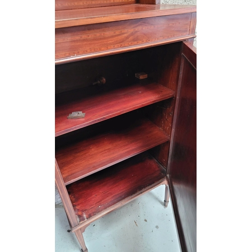 51 - A VERY GOOD QUALITY MAHOGANY & SATINWOOD INLAID EDWARDIAN CABINET, with raised gallery back having a... 