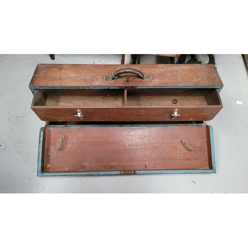 52 - A VINTAGE CARPENTER’S TOOL BOX, a dovetail jointed handmade box that has a copper handle & functioni... 