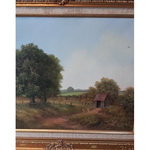 55 - A DECORATIVE GILT FRAMED PAINTING, COUNTRYSIDE SCENE, oil on canvas, unsigned. Dimensions of frame: ... 