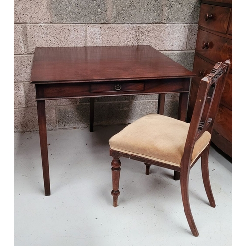 56 - A GEORGIAN MAHOGANY FOLD OVER TEA TABLE, with a single narrow drawer to the front frieze with brass ... 