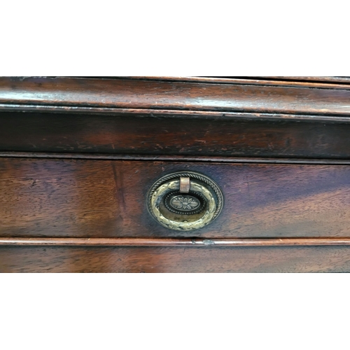 56 - A GEORGIAN MAHOGANY FOLD OVER TEA TABLE, with a single narrow drawer to the front frieze with brass ... 