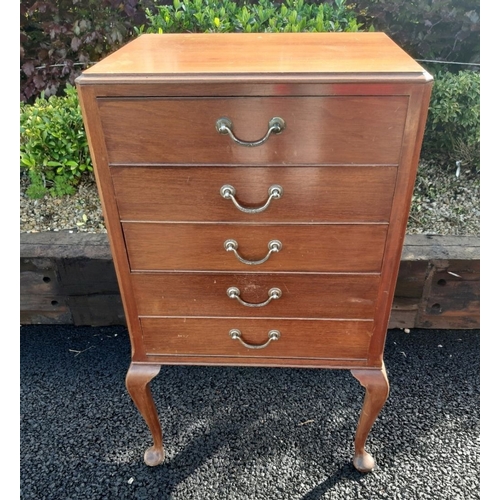 60 - A GOOD EDWARDIAN MUSIC CABINET, with four mahogany lined drawers, drop front for sheet music, along ... 