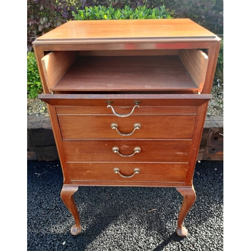 60 - A GOOD EDWARDIAN MUSIC CABINET, with four mahogany lined drawers, drop front for sheet music, along ... 