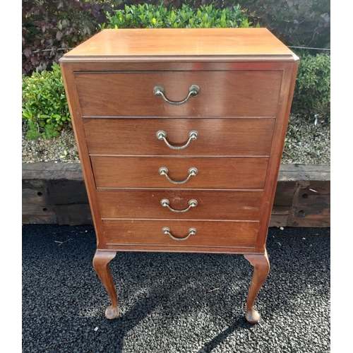 60 - A GOOD EDWARDIAN MUSIC CABINET, with four mahogany lined drawers, drop front for sheet music, along ... 