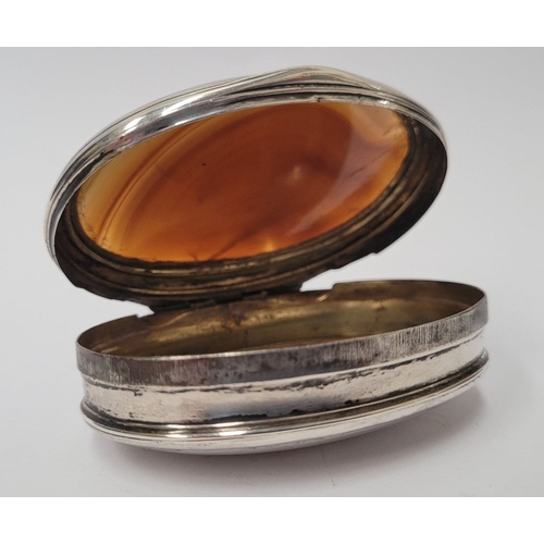 74 - A LATE 18TH CENTURY GEORGIAN OVAL SHAPED AGATE TOPPED SILVER BOX, circa 1770. With reed detail to th... 