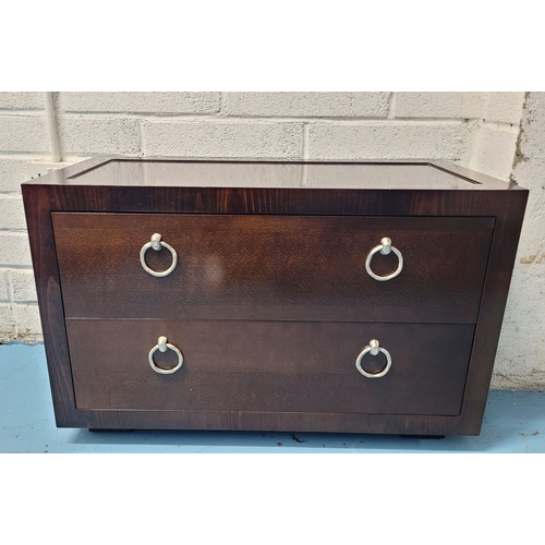 85 - A GOOD QUALITY PORTA ROMANA TWO DRAWER CONKER LOW RISE CHEST, with each drawer having cast metal pul... 