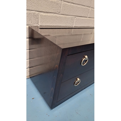 85 - A GOOD QUALITY PORTA ROMANA TWO DRAWER CONKER LOW RISE CHEST, with each drawer having cast metal pul... 