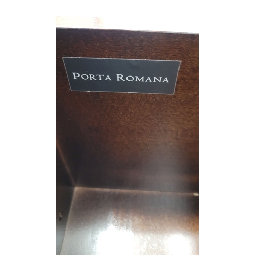 85 - A GOOD QUALITY PORTA ROMANA TWO DRAWER CONKER LOW RISE CHEST, with each drawer having cast metal pul... 