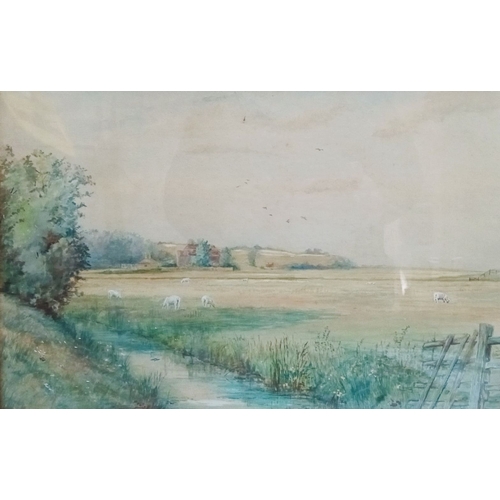 91 - ANNIE G. HUNTER, (BRITISH 1860 – 1927) RYE MARSHES, watercolour, signed lower right. Frame: 68 x 51c... 