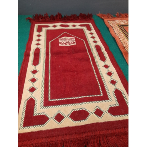 298 - TWO SMALL PRAYER RUGS, possibly Children’s rugs, one a deep burgundy main ground colour, the other o... 