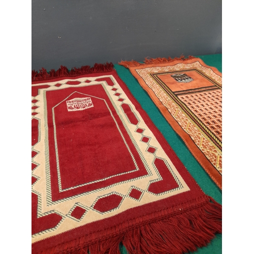 298 - TWO SMALL PRAYER RUGS, possibly Children’s rugs, one a deep burgundy main ground colour, the other o... 