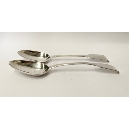 120 - A PAIR OF 19TH CENTURY SILVER TABLE SPOONS, of plain fiddle pattern, (i) by Mary Chawner, London c.1... 