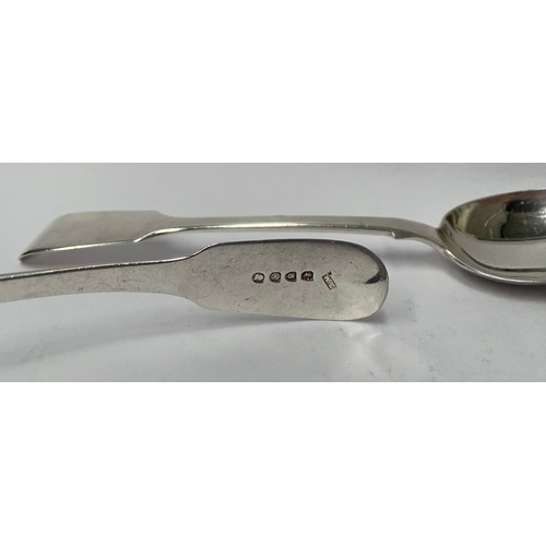 120 - A PAIR OF 19TH CENTURY SILVER TABLE SPOONS, of plain fiddle pattern, (i) by Mary Chawner, London c.1... 