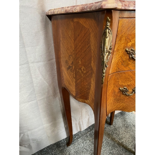 23 - A TWO DRAWER KINGWOOD INLAID MARBLE TOPPED SIDE CABINET, the shaped marble top above two drawers wit... 