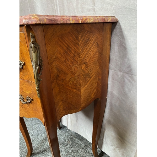 23 - A TWO DRAWER KINGWOOD INLAID MARBLE TOPPED SIDE CABINET, the shaped marble top above two drawers wit... 