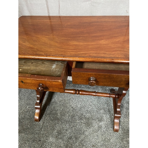 119 - A WILLIAM IV TWO DRAWER MAHOGANY TABLE, the two drawers over carved supports on pod base joined by t... 