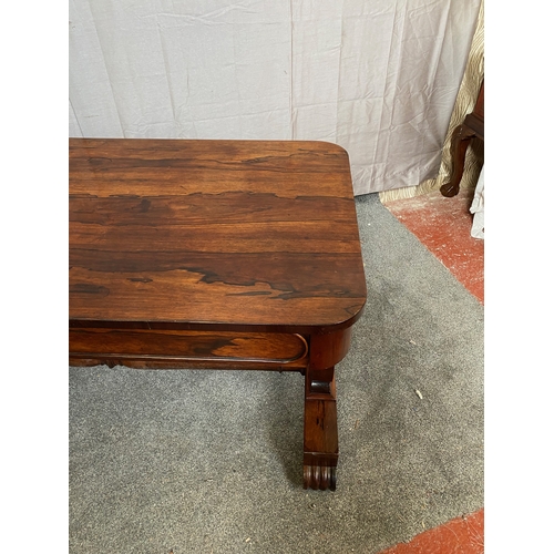 297 - A WILLIAM IV ROSEWOOD LIBRARY TABLE, with two drawers to frieze atop carved lyre supports on pod bas... 