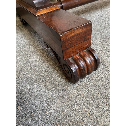 297 - A WILLIAM IV ROSEWOOD LIBRARY TABLE, with two drawers to frieze atop carved lyre supports on pod bas... 