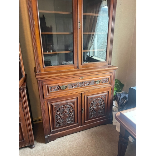 302 - A BEAUTIFUL EARLY 20TH CENTURY TWO DOOR GLAZED SECRETAIRE BOOKCASE, with a stepped pediment top over... 