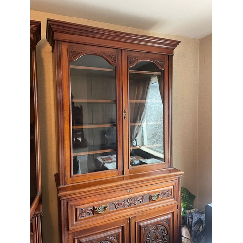 302 - A BEAUTIFUL EARLY 20TH CENTURY TWO DOOR GLAZED SECRETAIRE BOOKCASE, with a stepped pediment top over... 