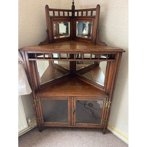 318 - AN OAK MIRROR BACKED CORNER CABINET, to the top is a raised gallery back with turned columns & a fin... 