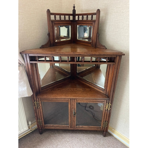 318 - AN OAK MIRROR BACKED CORNER CABINET, to the top is a raised gallery back with turned columns & a fin... 