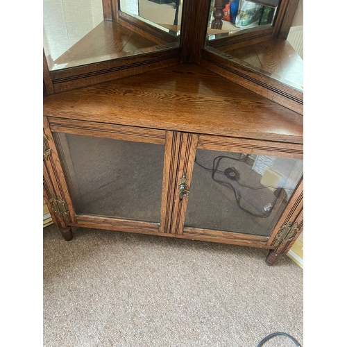 318 - AN OAK MIRROR BACKED CORNER CABINET, to the top is a raised gallery back with turned columns & a fin... 