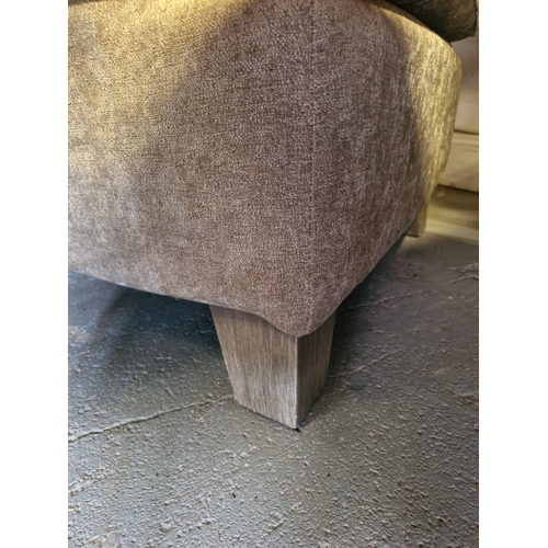 281 - A LARGE VERY GOOD QUALITY GREY UPHOLSTERED OTTOMAN, with birch wood legs to each corner. Piped finis... 