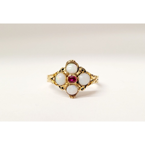 A PRETTY VICTORIAN YELLOW GOLD RUBY & OPAL CLUTER RING, with floral ...