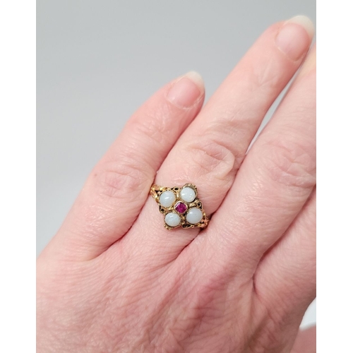 A PRETTY VICTORIAN YELLOW GOLD RUBY & OPAL CLUTER RING, with floral ...