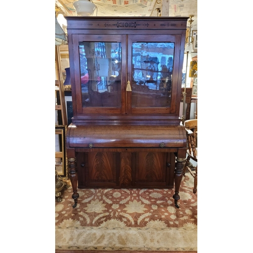 20 - A BEAUTIFUL 19TH CENTURY IRISH, CORK, NEATLY SIZED SECRETAIRE ‘PIANO’ TOP GLAZED BOOKCASE, to the to... 