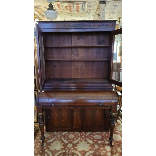 20 - A BEAUTIFUL 19TH CENTURY IRISH, CORK, NEATLY SIZED SECRETAIRE ‘PIANO’ TOP GLAZED BOOKCASE, to the to... 