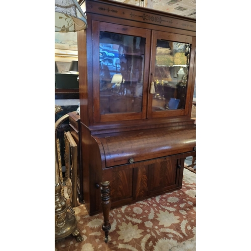 20 - A BEAUTIFUL 19TH CENTURY IRISH, CORK, NEATLY SIZED SECRETAIRE ‘PIANO’ TOP GLAZED BOOKCASE, to the to... 