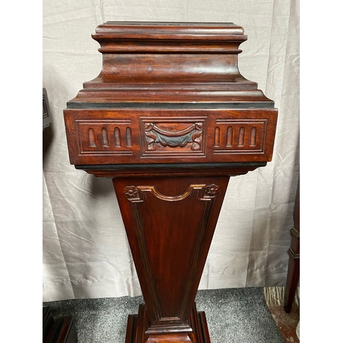 44 - A PAIR OF MAHOGANY ADAMS STYLE PEDESTALS/PLANT STANDS, with decorative carved panel featuring swag d... 