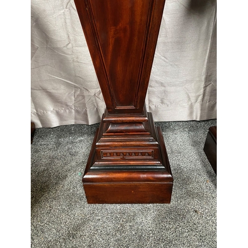 44 - A PAIR OF MAHOGANY ADAMS STYLE PEDESTALS/PLANT STANDS, with decorative carved panel featuring swag d... 