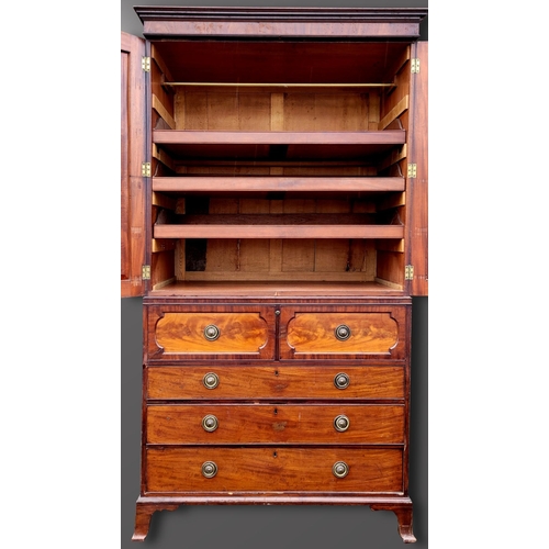 46 - A VERY GOOD & LARGE 19TH CENTURY MAHOGANY TWO-PART LINEN PRESS SECRETAIRE CHEST, to the top a pair o... 