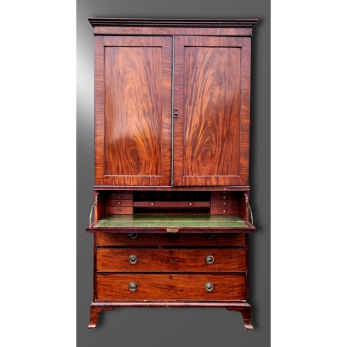 46 - A VERY GOOD & LARGE 19TH CENTURY MAHOGANY TWO-PART LINEN PRESS SECRETAIRE CHEST, to the top a pair o... 