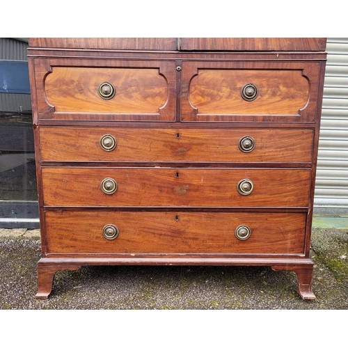 46 - A VERY GOOD & LARGE 19TH CENTURY MAHOGANY TWO-PART LINEN PRESS SECRETAIRE CHEST, to the top a pair o... 