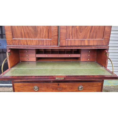 46 - A VERY GOOD & LARGE 19TH CENTURY MAHOGANY TWO-PART LINEN PRESS SECRETAIRE CHEST, to the top a pair o... 