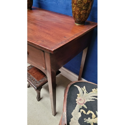 48 - A BOW FRONTED NEATLY SIZED GEORGIAN TWO DRAWER TABLE, with inlaid & crossbanded detail to the drawer... 