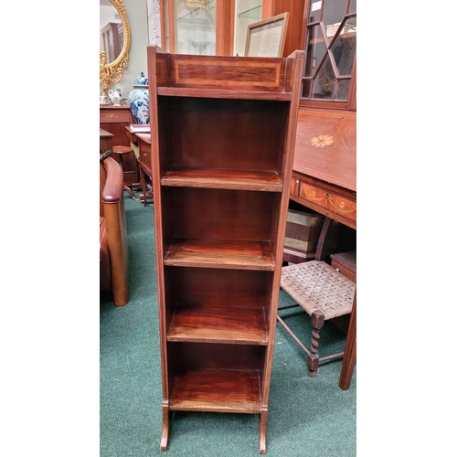 45 - A LIBERTY & CO MAHOGANY INLAID NEATLY SIZED FLOOR BOOKCASE, 5 shelf unit, raised on bracket style si... 